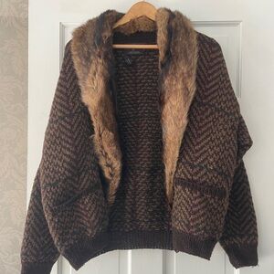 Ralph Lauren Collection Hand knit cardigan sweater fur collar L Vintage